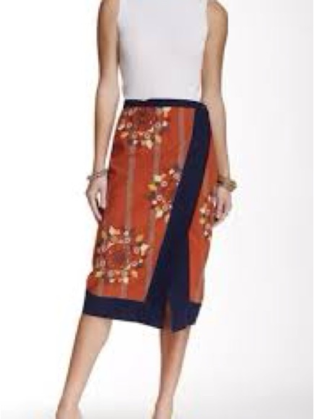 Free People Rust Floral Midi Wrap Skirt with Navy Trim - Picture 2 of 11